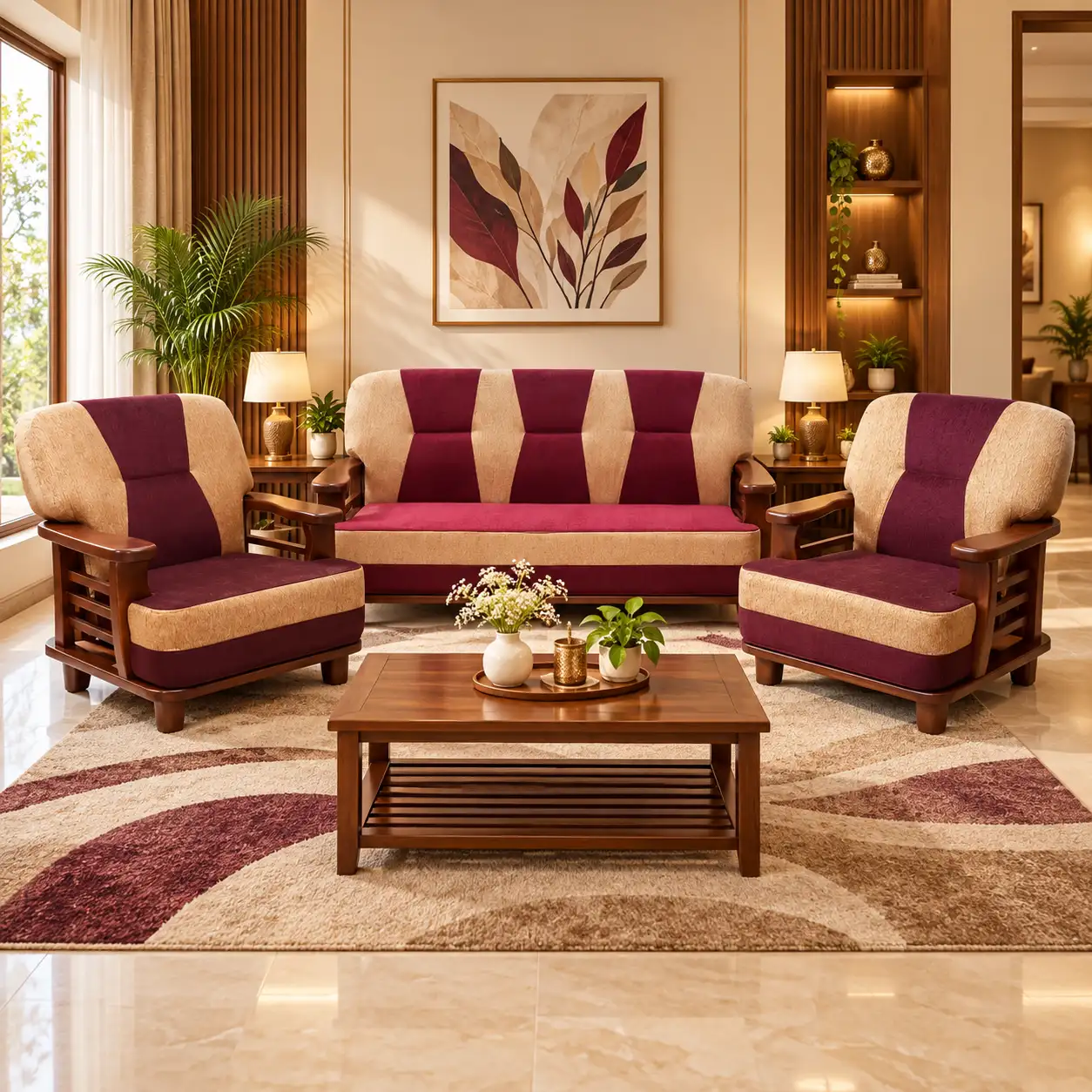 Burgundy Fan Sofa Set