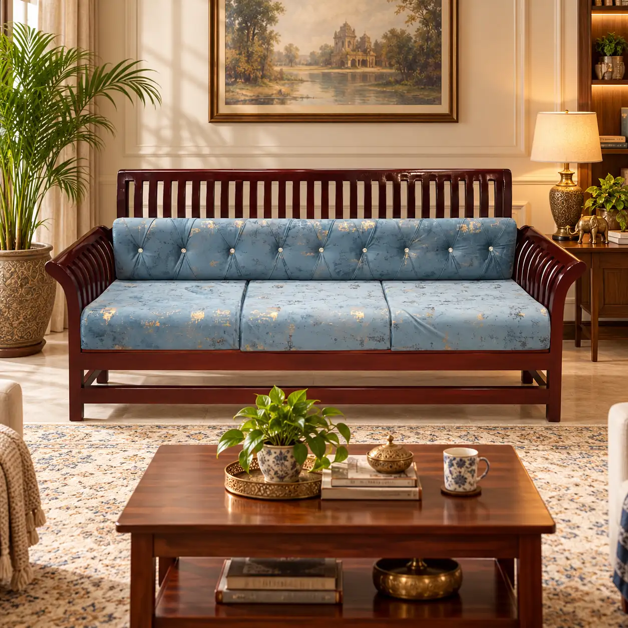 Heritage Teal Wood Sofa